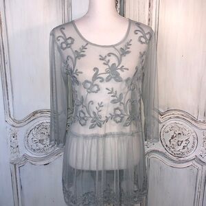 LOGO Lavish Muted Dusty Green Mesh Long Sleeve Embroidered Peplum Top Size XS